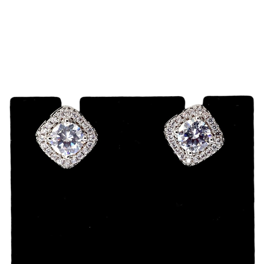 Swarovski Elements Cushion Pavé Halo Crystal Stud Earrings Silver Tone New